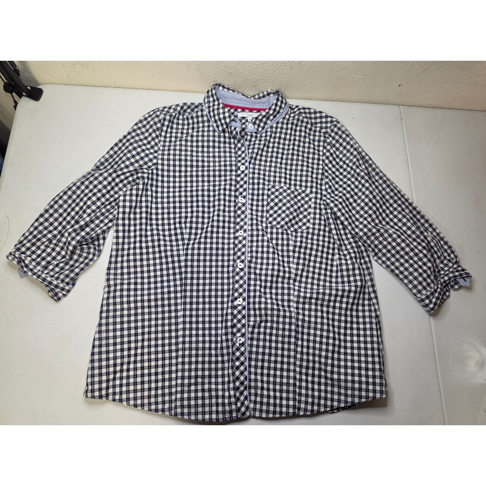Foxcroft Wrinkle Free Navy Gingham Metallic Button Down Shirt 3/4 Sleeve Size 16